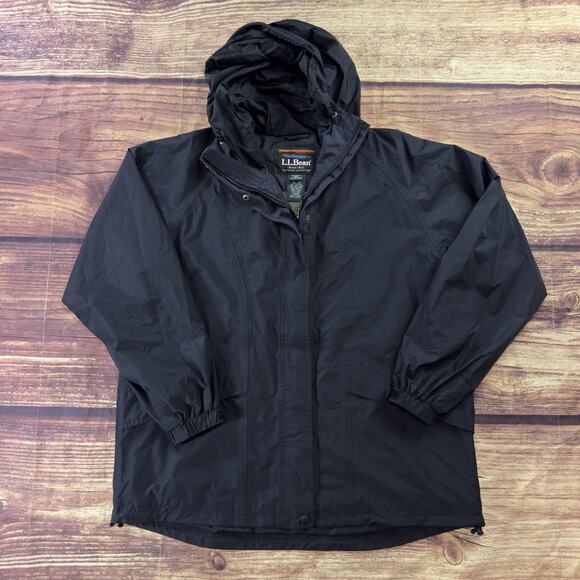 Vintage Y2K LL Bean GoreTex Zip Up Hooded Rain Jacket Womens XL Black Outdoors - Picture 1 of 7